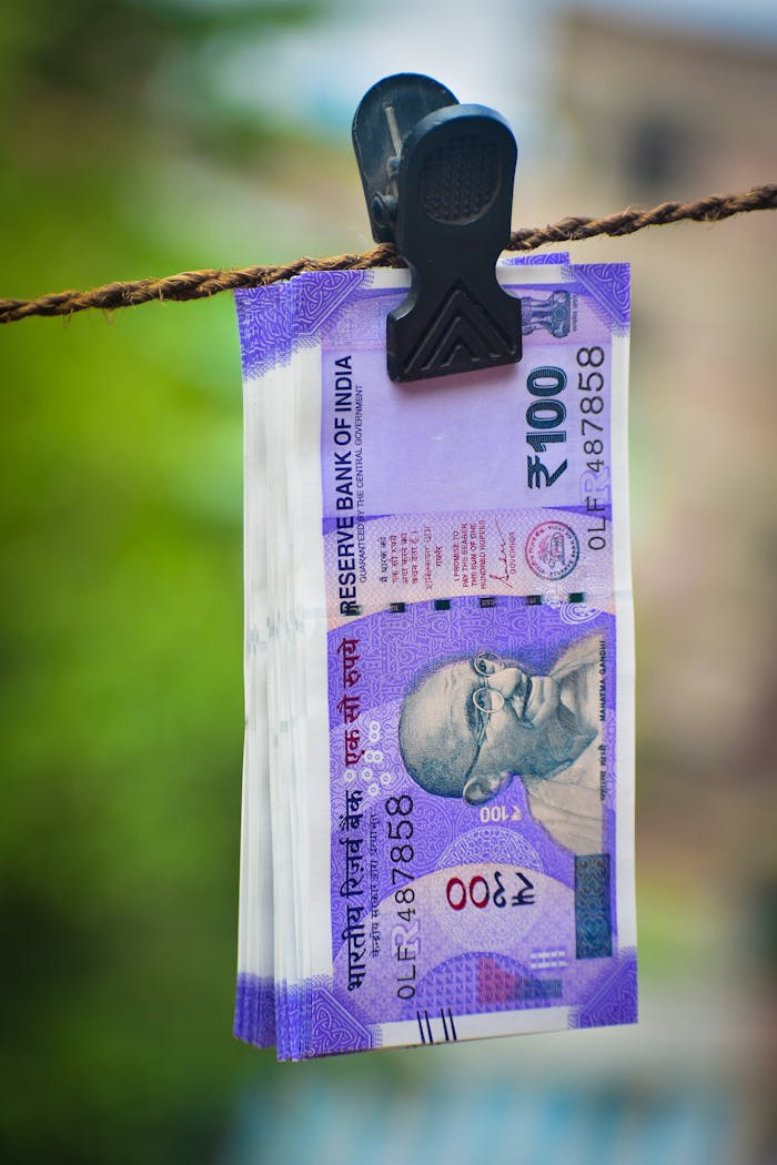 Close-up of Indian 100 rupee notes clipped on a clothesline outdoors in Kolkata, India.